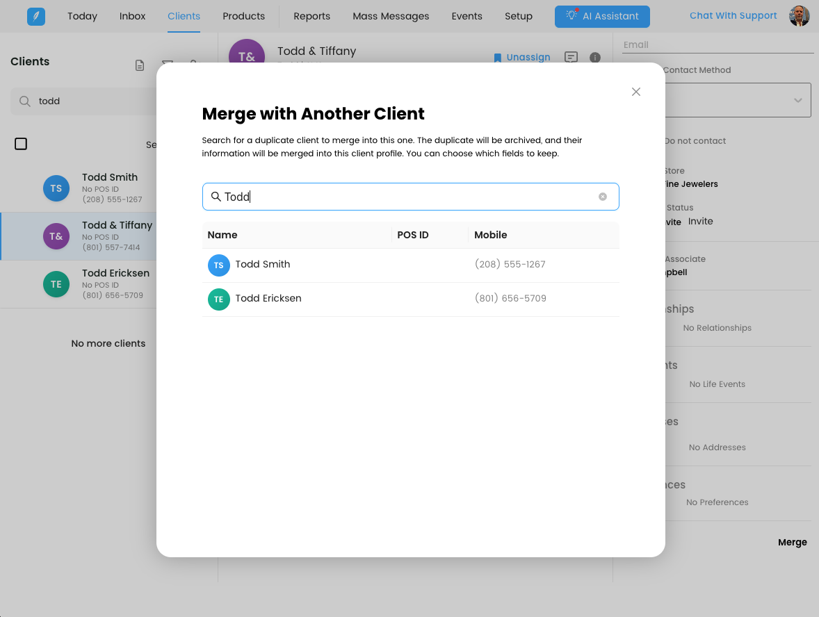 The Merge with Another Client window with a search bar and matching client results.
