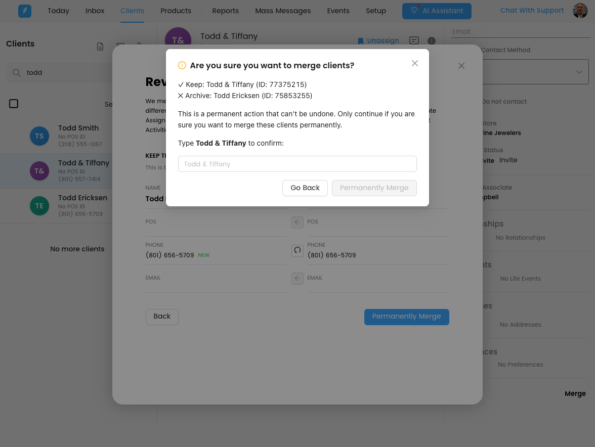 Confirmation modal showing the Keep and Archive client IDs with a type-to-confirm field.