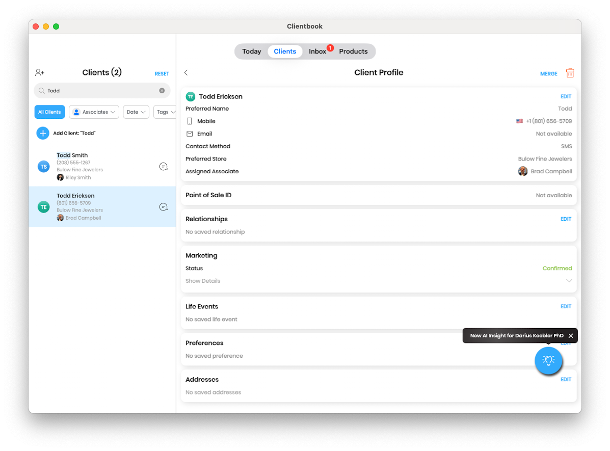 Client profile in the mobile app with the MERGE link in the top-right corner.