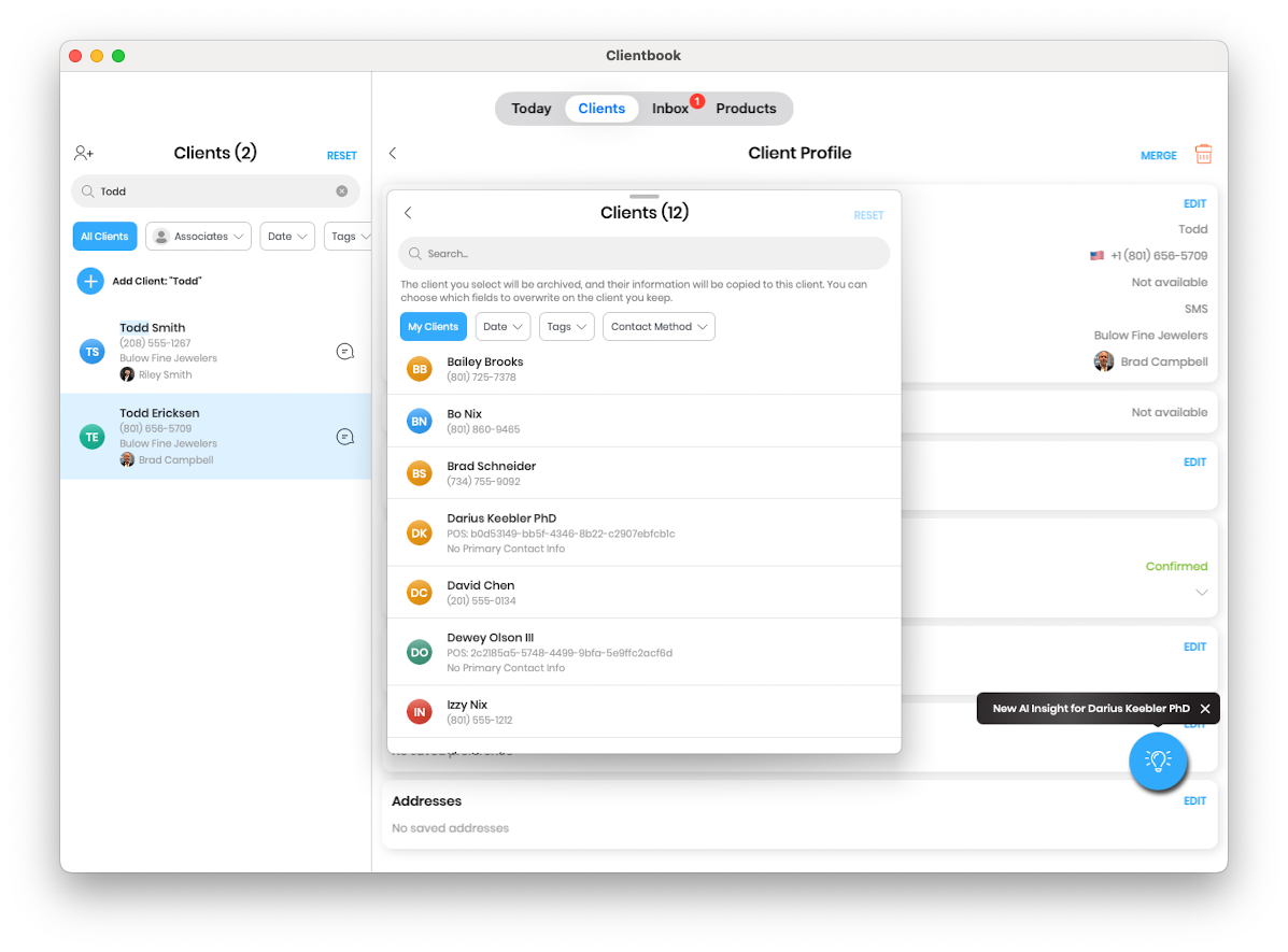 Client picker showing the list of clients to select as the duplicate, with search and filter controls.