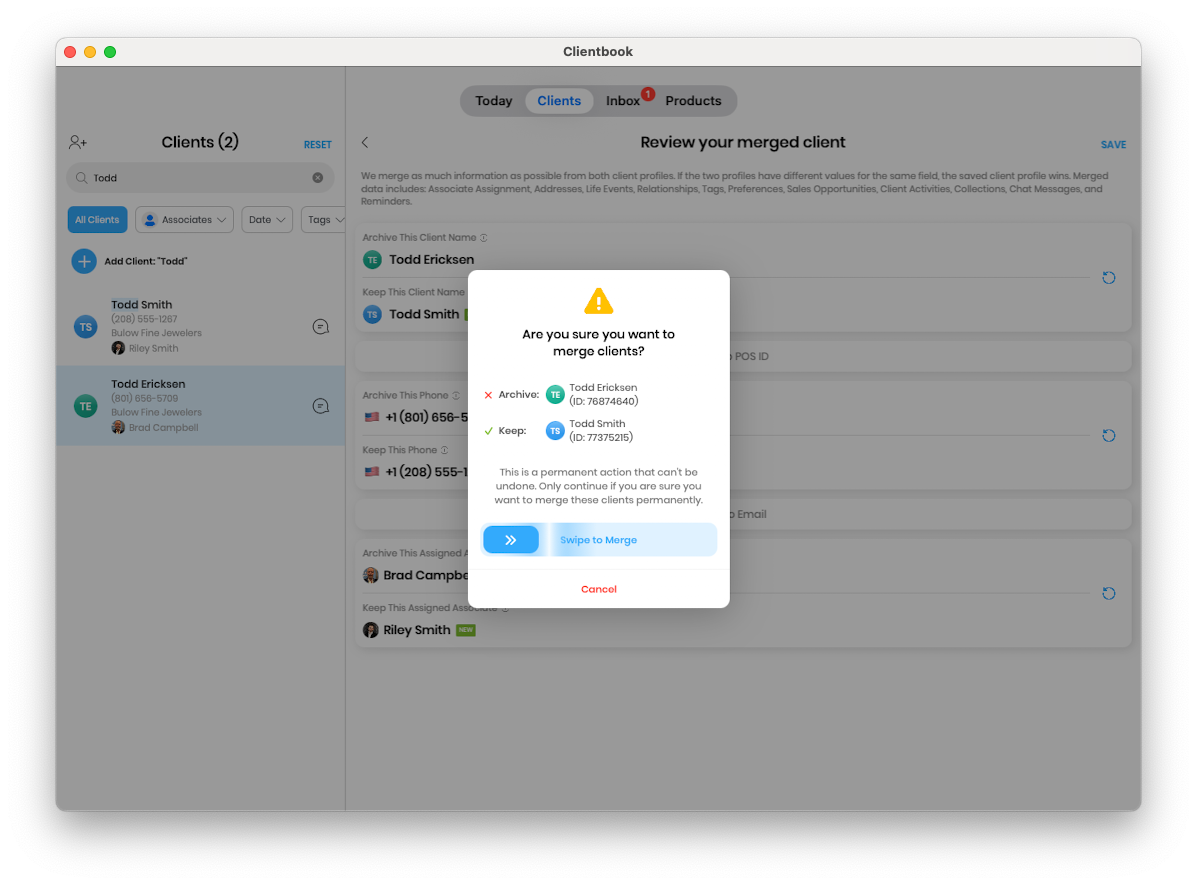 Confirmation sheet showing the archived and kept client IDs with a Swipe to Merge slider.