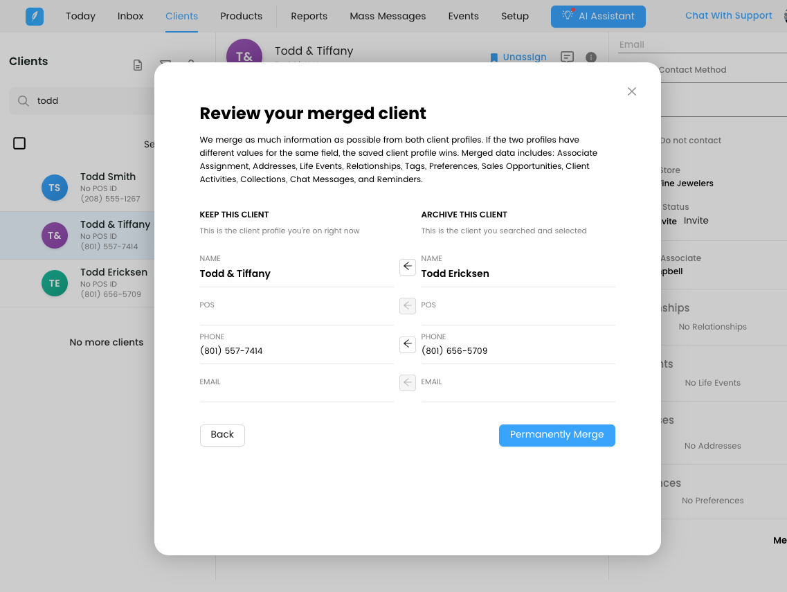 Side-by-side review screen with Keep This Client on the left and Archive This Client on the right, showing arrow controls to pull archived values across.