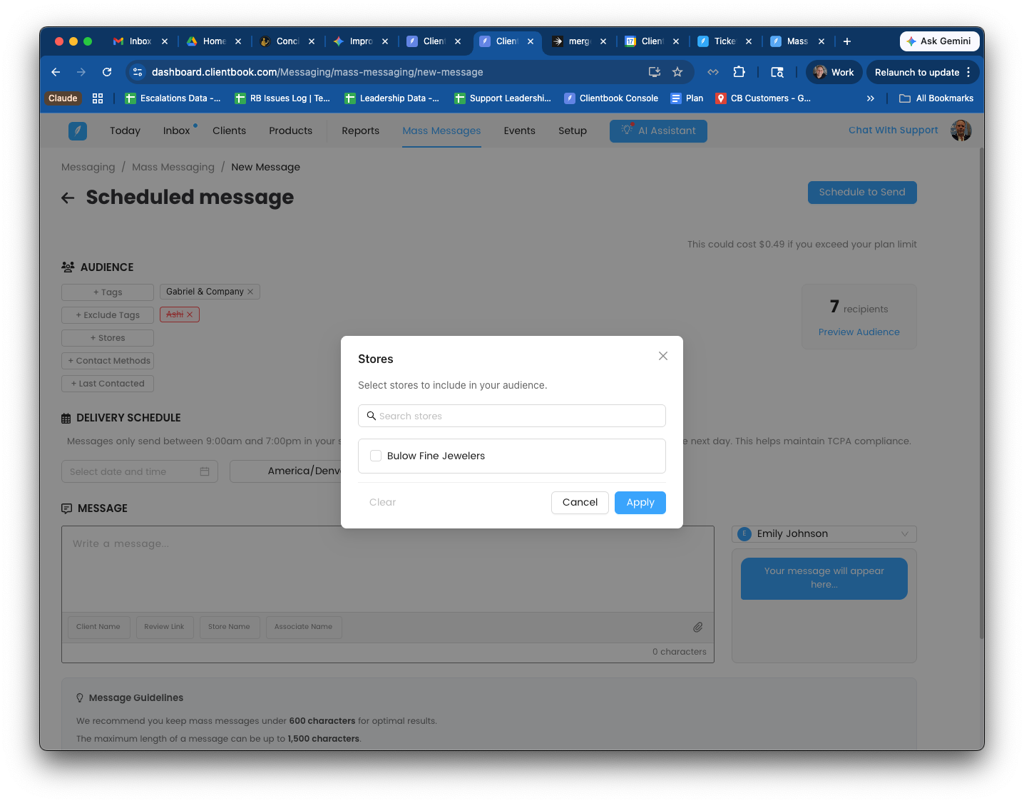 Stores selector modal — "Select stores to include in your audience" with a search box and checkbox list of store locations. Cancel / Apply buttons.