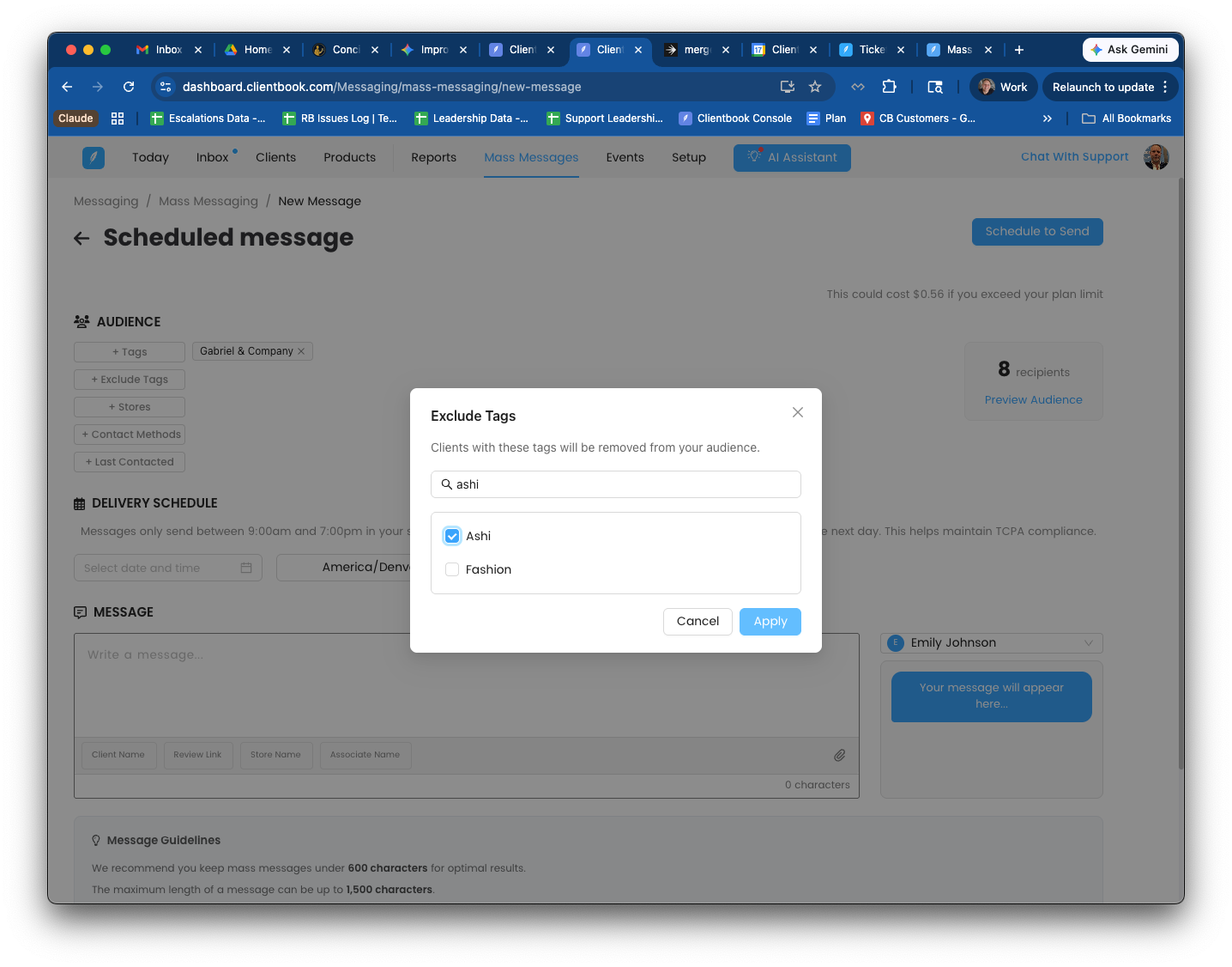 Exclude Tags selector modal — "Clients with these tags will be removed from your audience" with a search box and checkbox list of available tags. Cancel / Apply buttons.