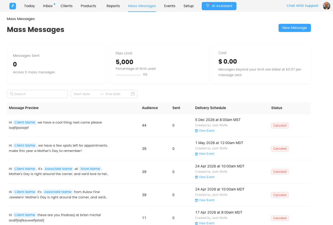 Mass Messages list page — Messages Sent / Plan Limit / Cost tiles across the top, search and date filters, and the full message table below with Message Preview, Audience, Sent, Delivery Schedule, and Status columns.