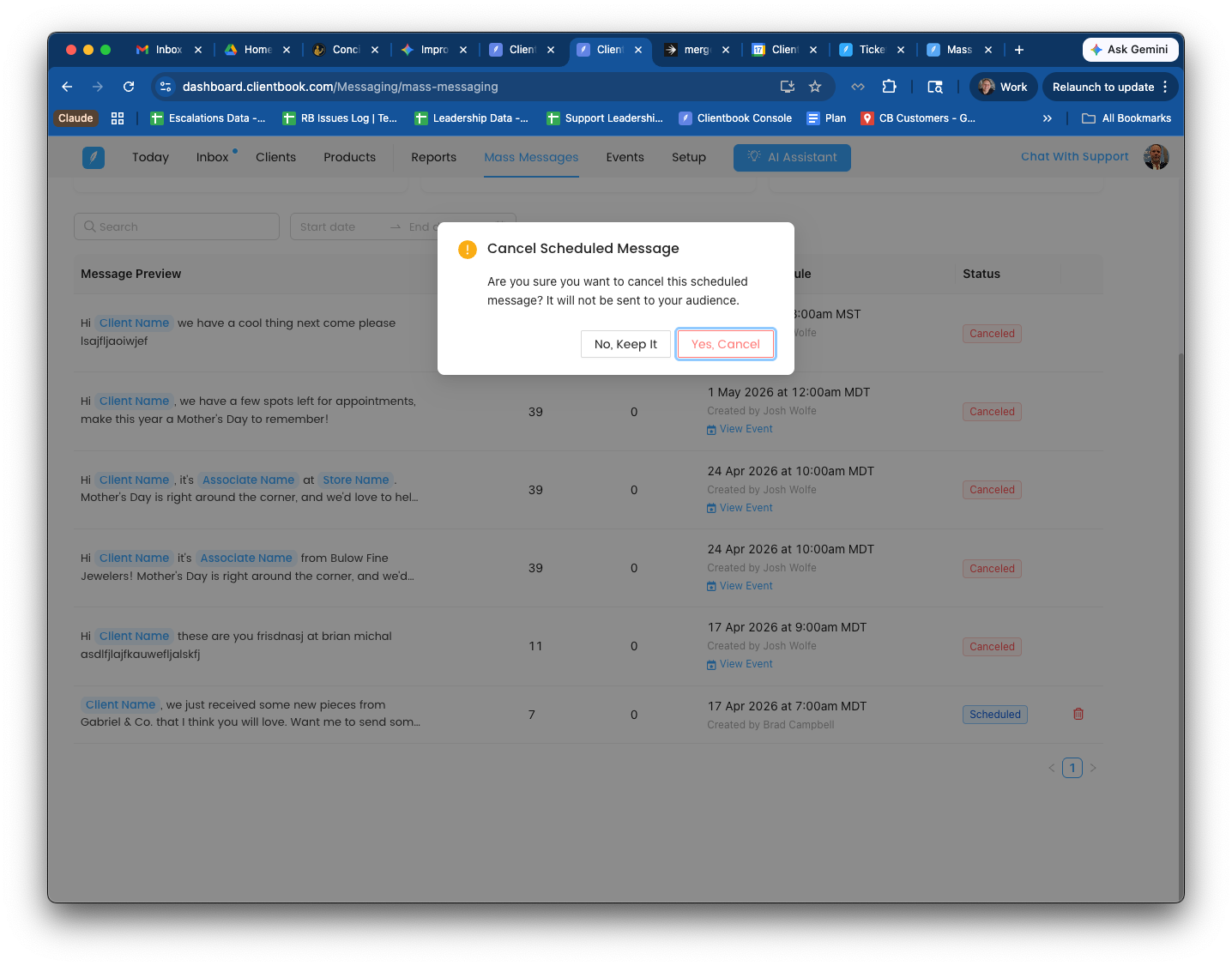 Cancel Scheduled Message confirmation dialog — "Are you sure you want to cancel this scheduled message? It will not be sent to your audience." with "No, Keep It" and "Yes, Cancel" buttons, shown over the Mass Messages list with a Scheduled row visible in the background.