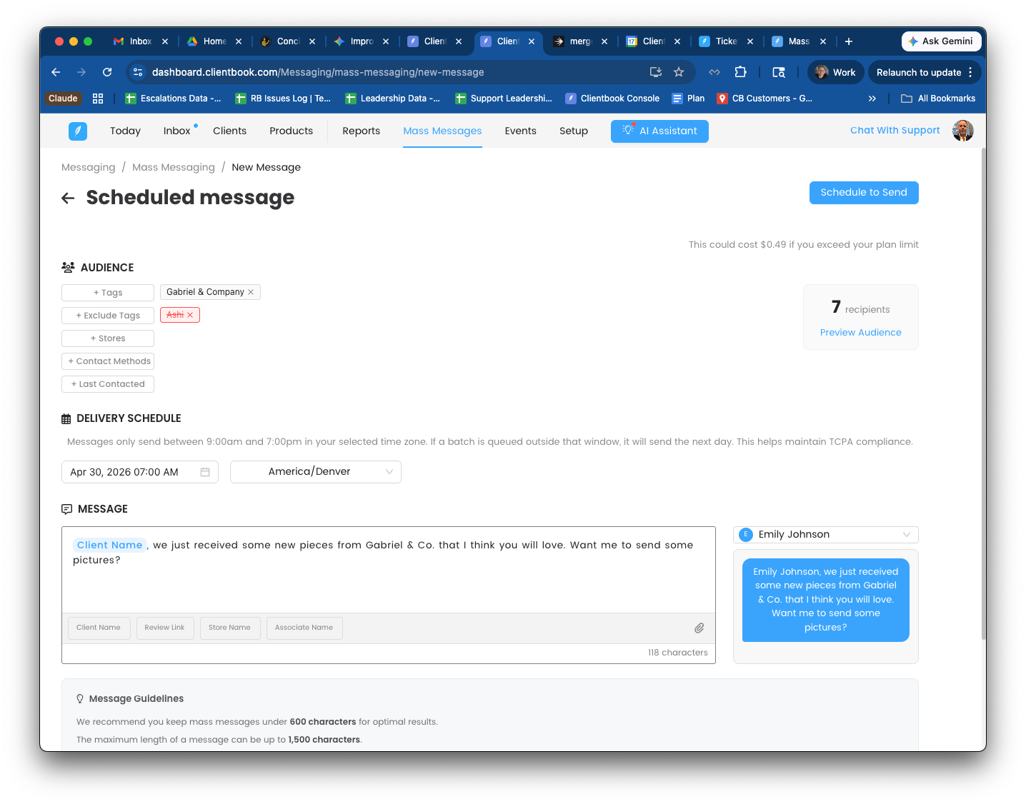 Composer ready to send — Audience filters applied (Gabriel & Company include, Ashi exclude, 7 recipients), a scheduled date picked, the message body filled in with a Client Name placeholder, and the live phone preview on the right showing the associate-personalized message.
