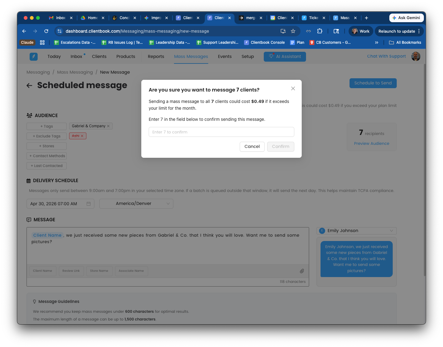 Send confirmation dialog — "Are you sure you want to message N clients?" with the recipient count, potential overage cost, and a "type the number to confirm" input. The Confirm button stays disabled until the correct number is entered.